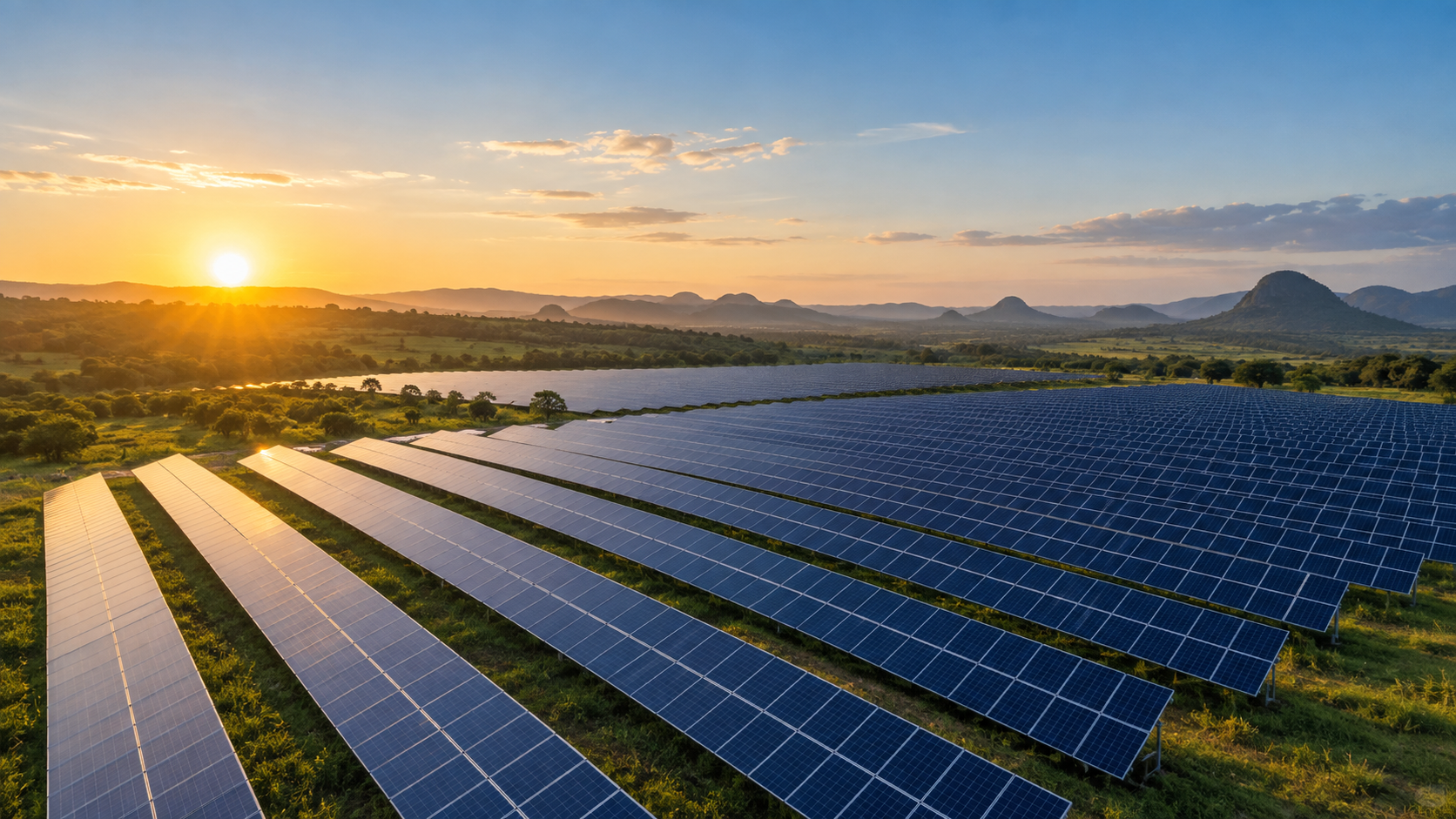 Usina solar com fileiras de painéis fotovoltaicos ao amanhecer